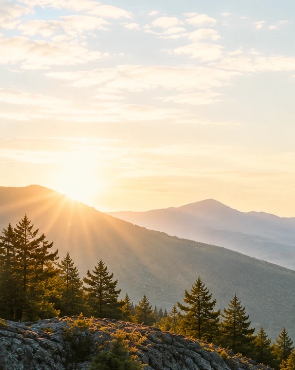 Sunrise over layered mountain ridges and pine trees